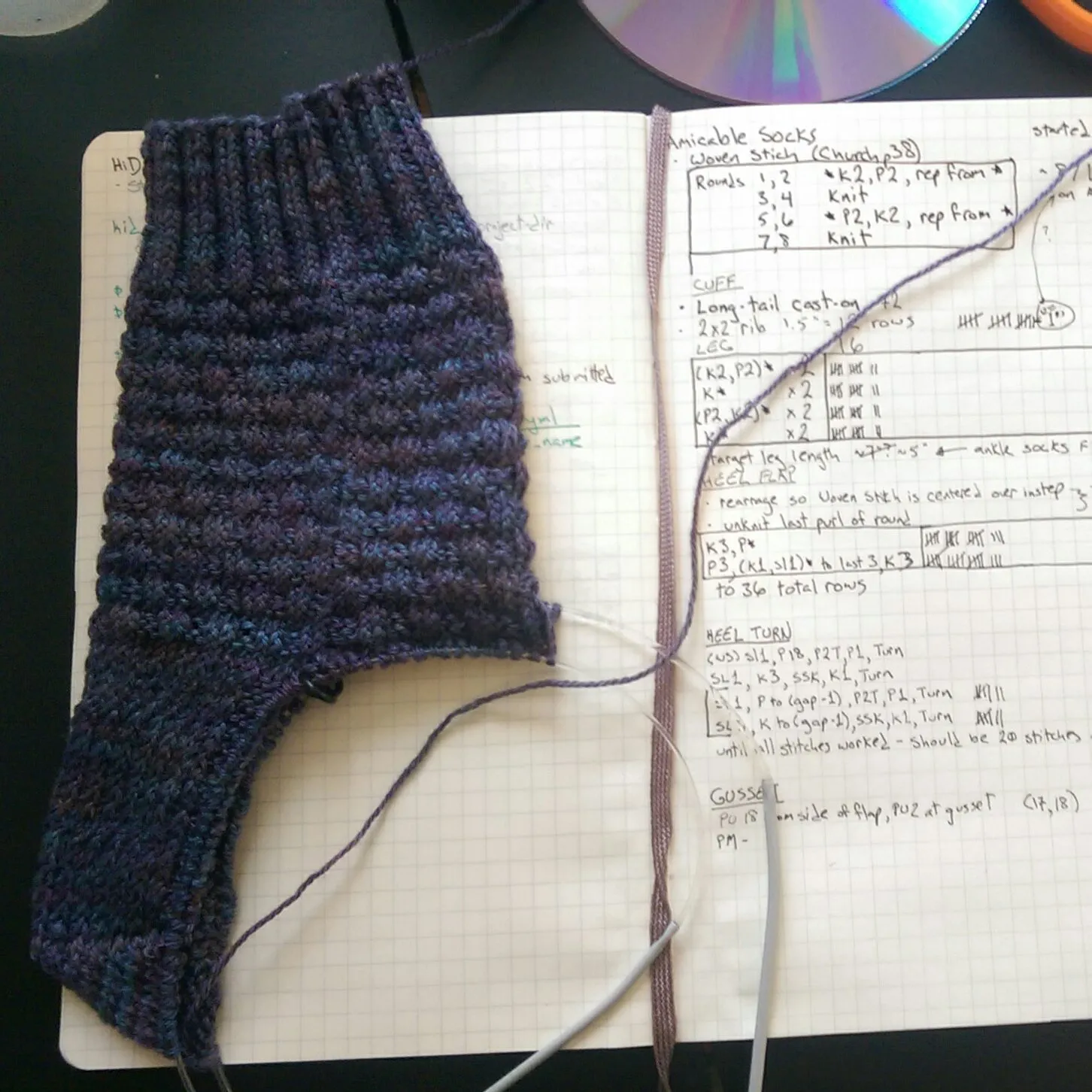 I knew I'd find a use for my Moleskine eventually in-progress socks laid out on project page