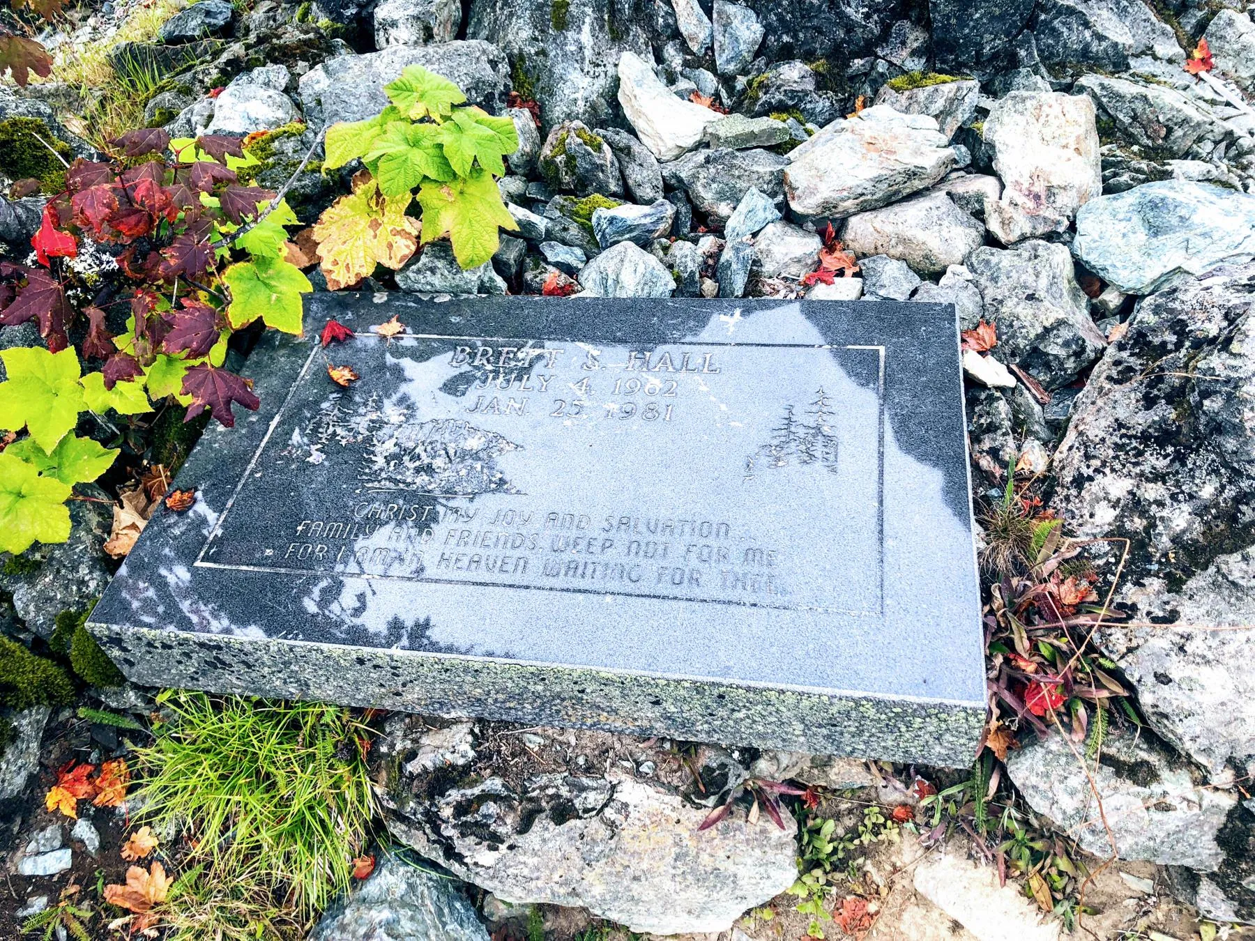 Memorial marker for Brett Hall 1962-1981 memorial marker