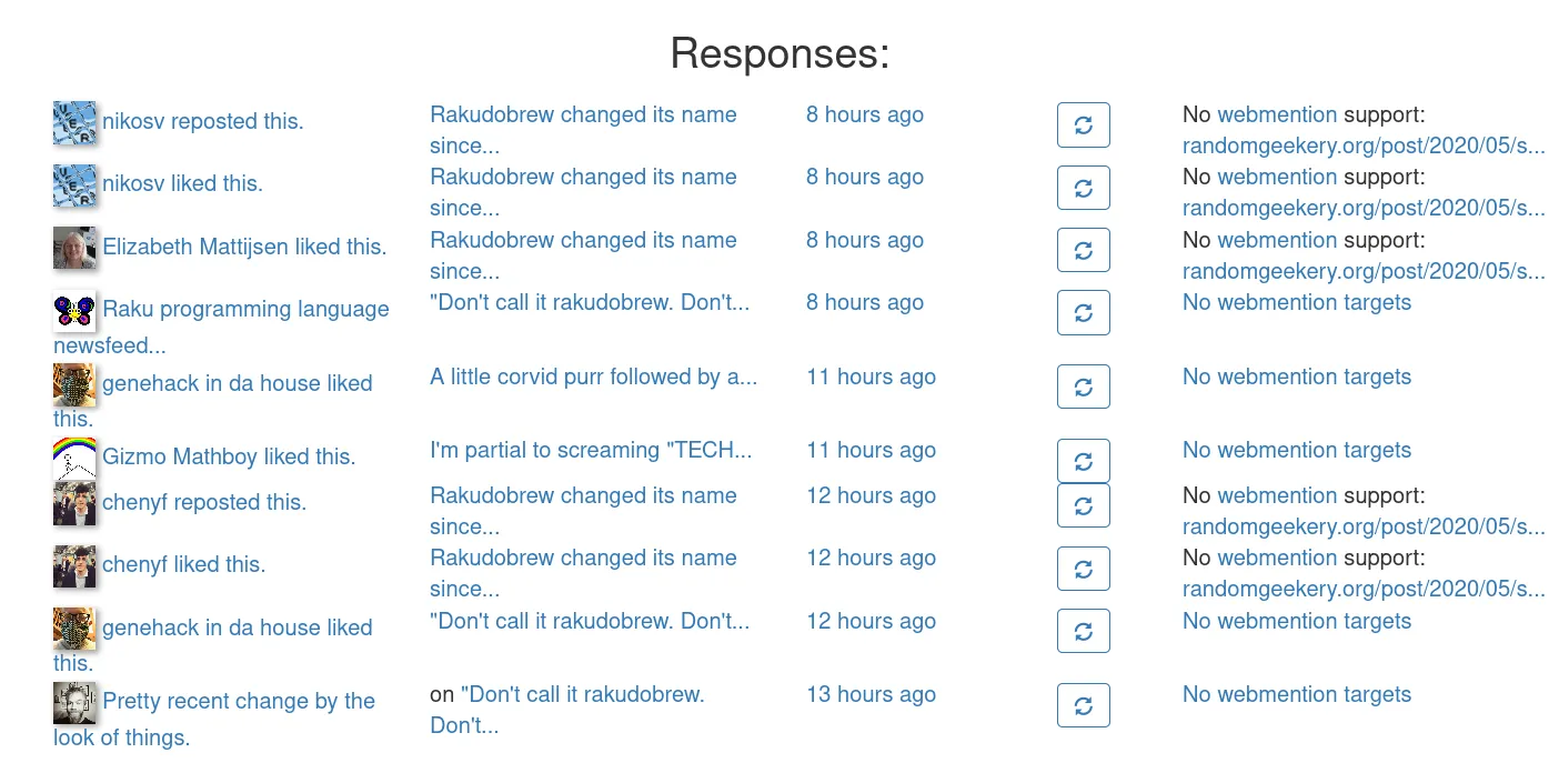 Bridgy dashboard showing "No webmention support" in responses to my old URL