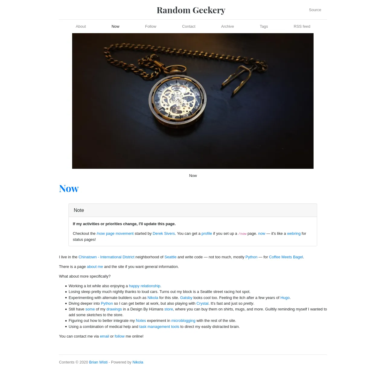 Cover image in a non-post page screenshot of /now page with nikola style