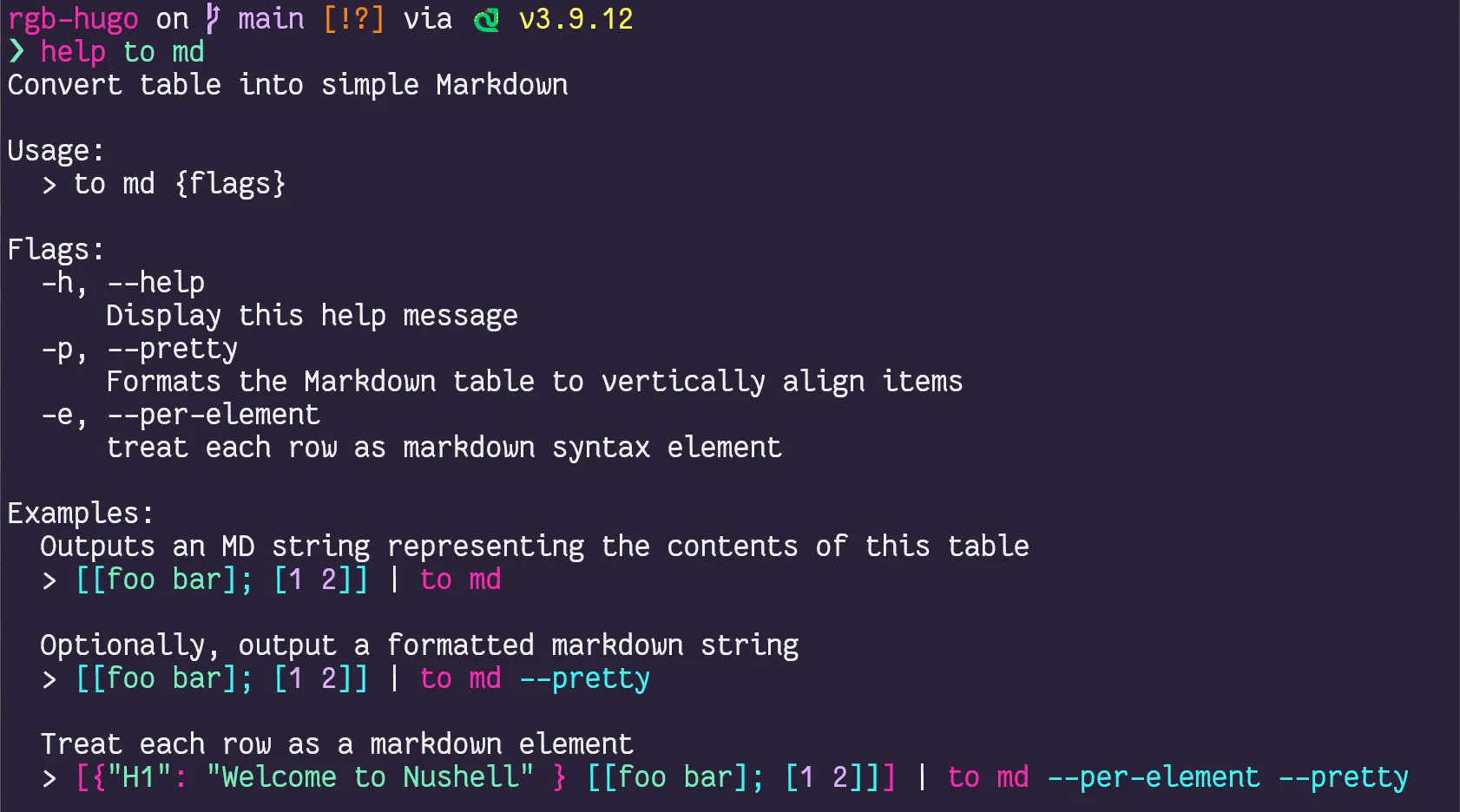 syntax highlighted examples? yes please screenshot of Nushell builtin help, with usage, flags, and examples