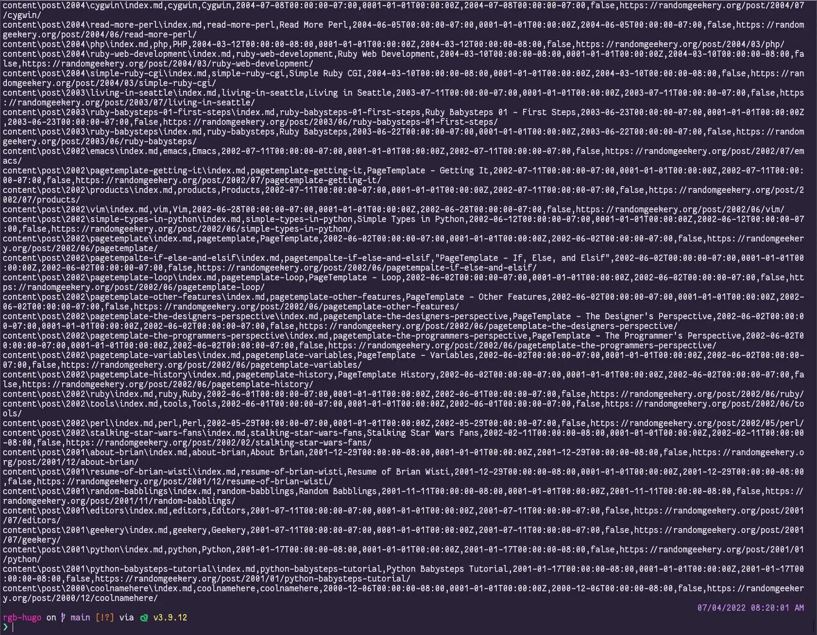 Yep that's CSV all right. output of command is a dense blast of CSV text