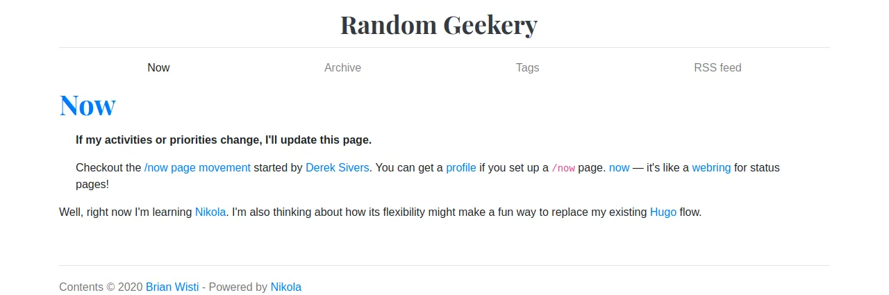 screenshot of /now page