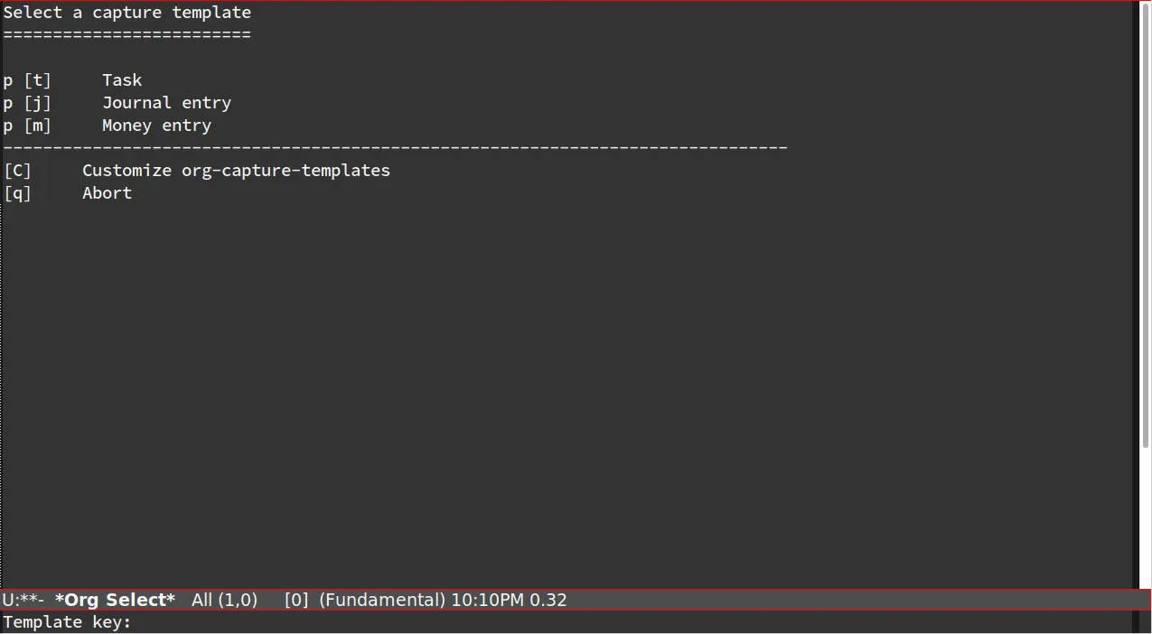 `p` then `m` for a Personal Money entry menu 2 for money capture
